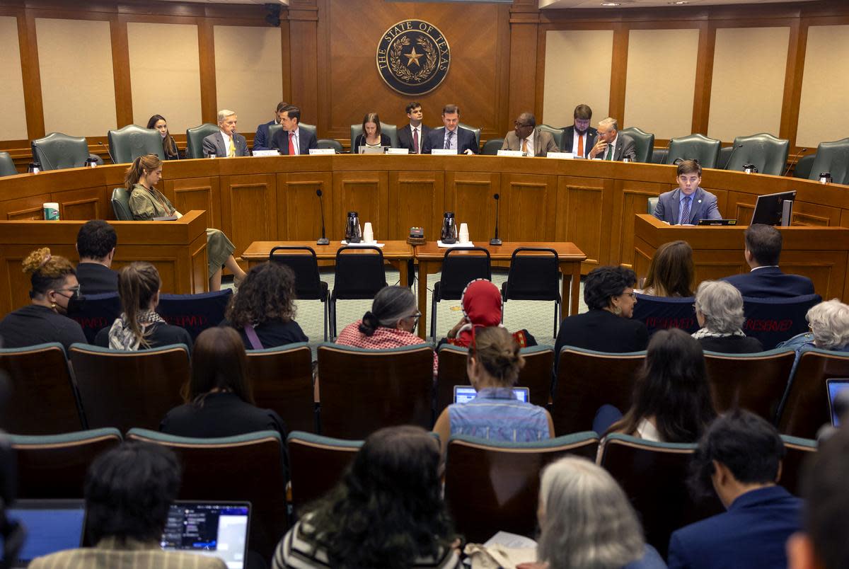 Seats fill in the hearing and overflow room at the Texas Senate Subcommittee on Higher Education on free speech on May 14, 2024.