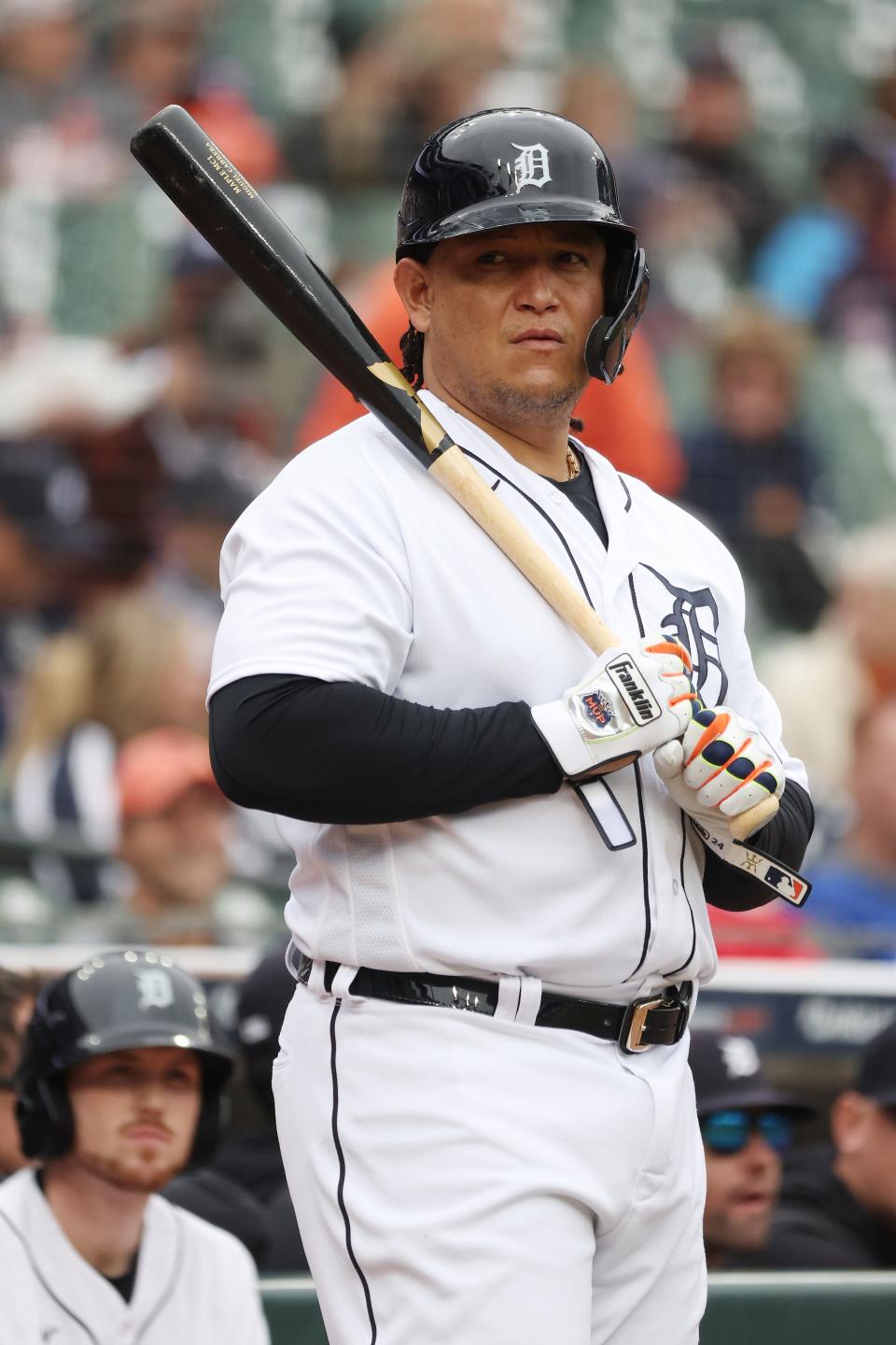 Miguel Cabrera of the Detroit Tigers prepares to bat in the seventh inning against the Kansas City Royals at Comerica Park on September 28, 2023 in Detroit, Michigan. The game was suspended in the fifth inning due to weather on Sept. 27.