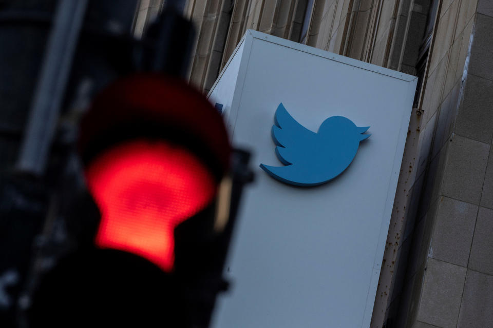 A view of the Twitter logo at its corporate headquarters in San Francisco, California, U.S. November 18, 2022. REUTERS/Carlos Barria