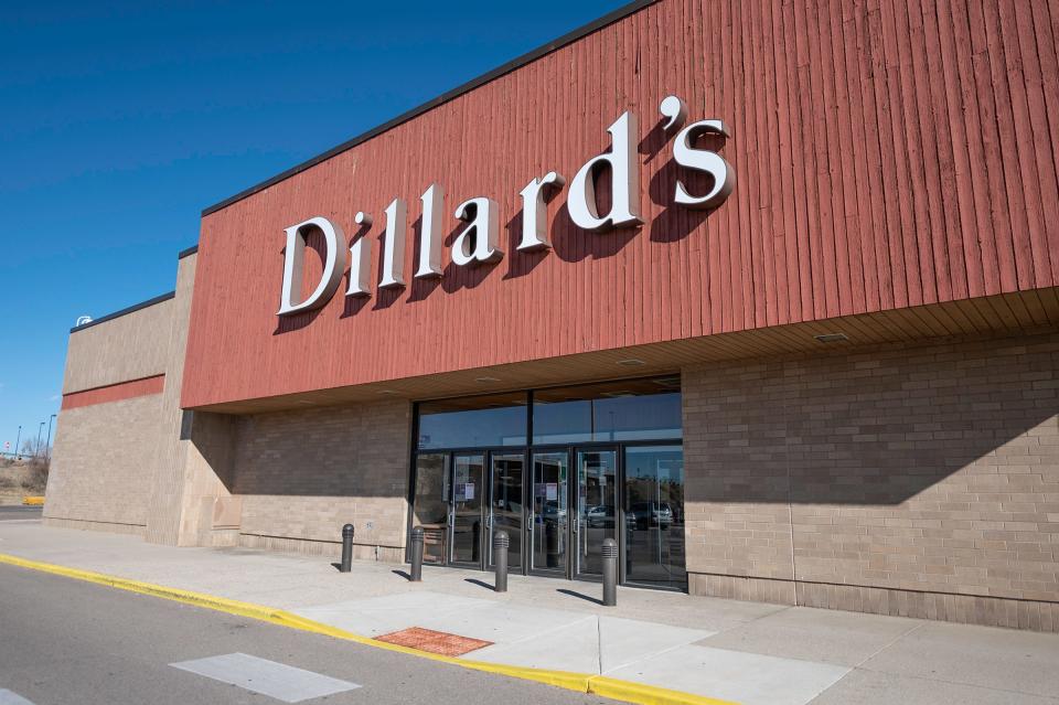 A row of bollards sit at the entrance of Dillard's at the Pueblo Mall.