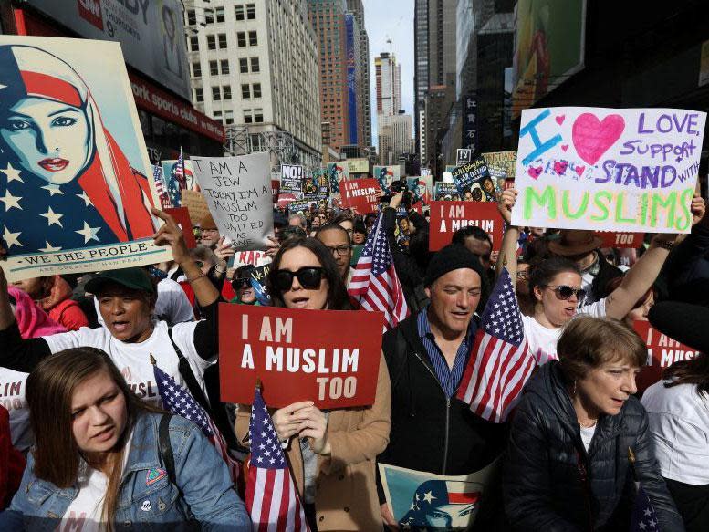 Protesters in New York demonstrate against President Trump's hostile stance towards Muslims: REUTERS/Carlo Allegri