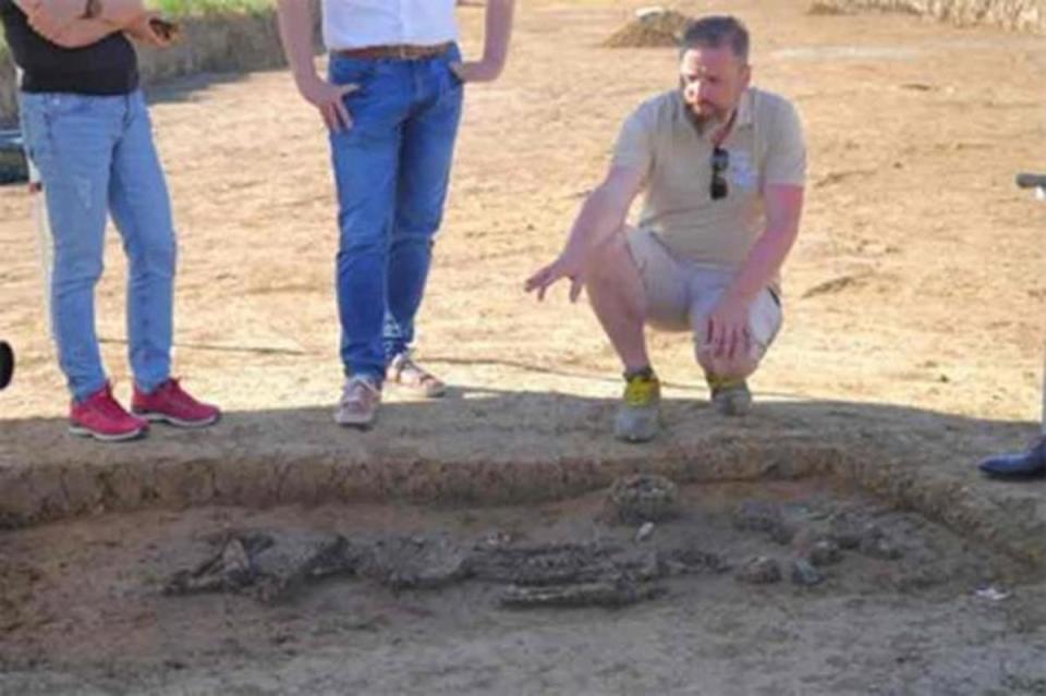 Florian Eibl examines the gravesite in Eichendorff.<p>Dingolfing-Landau District</p>