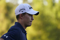 Maverick McNealy waits to putt on the 18th green of the Silverado Resort North Course during the final round of the Fortinet Championship PGA golf tournament Sunday, Sept. 19, 2021, in Napa, Calif. McNealy finished second in the tournament. (AP Photo/Eric Risberg)