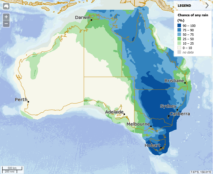 A Bureau of Meteorology map showing the distribution of rain on Australia's east coast. Over Sydney and Canberra, there's 90 to 100 per cent change of rain.