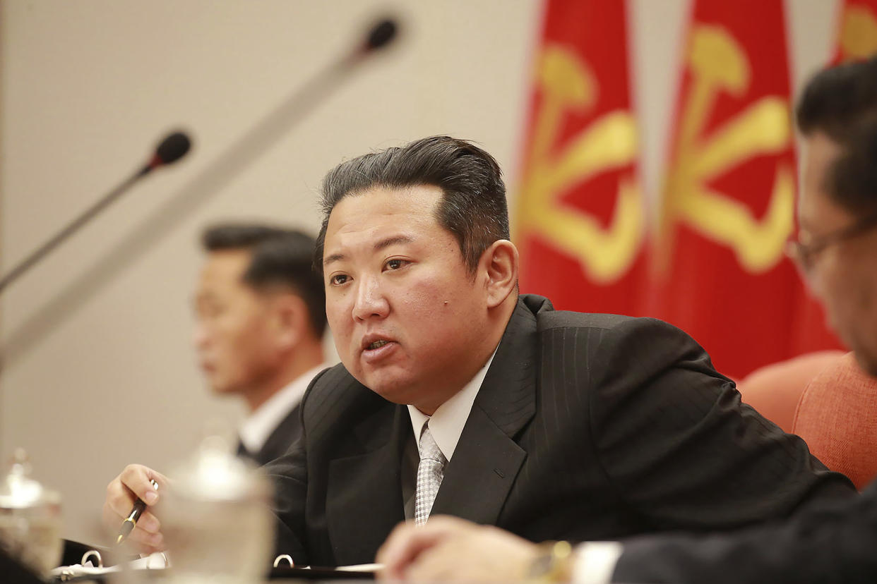 FILE - In this file photo provided by the North Korean government, North Korean leader Kim Jong Un, center, attends a meeting of the Central Committee of the ruling Workers' Party in Pyongyang, North Korea. The photo was taken during Dec. 27 - Dec. 31, 2021. South Korea said Friday, Jan. 14, 2022, that North Korea fired at least one projectile in its third weapons launch this month,Independent journalists were not given access to cover the event depicted in this image distributed by the North Korean government. The content of this image is as provided and cannot be independently verified. (Korean Central News Agency/Korea News Service via AP, File)