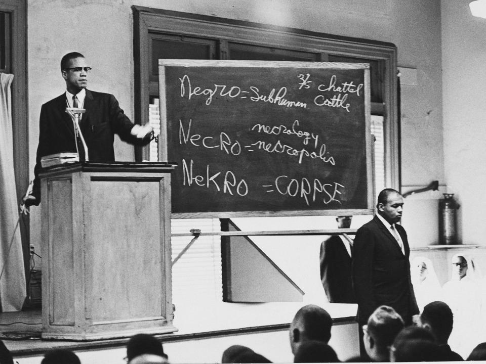 Malcolm X deconstructing the term 'negro' during a sermon at Temple 7 in Harlem, New York City, August 1963.