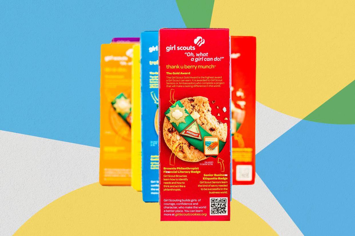 a photo of Girl Scout cookies on a designed background