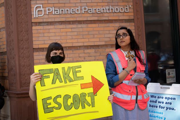 Abortion rights supporters call out anti-abortion tactics at a Planned Parenthood clinic in New York City.