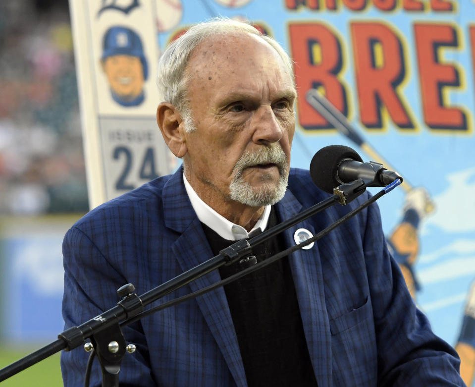 FILE - Former Detroit Tigers manager Jim Leyland addresses the crowd during a ceremony honoring Miguel Cabrera for hitting 500 career home runs before a baseball game against the Kansas City Royals, Sept. 24, 2021, in Detroit. Leyland was elected to baseball's Hall of Fame, Sunday, Dec. 3, 2023. (AP Photo/Jose Juarez, File)