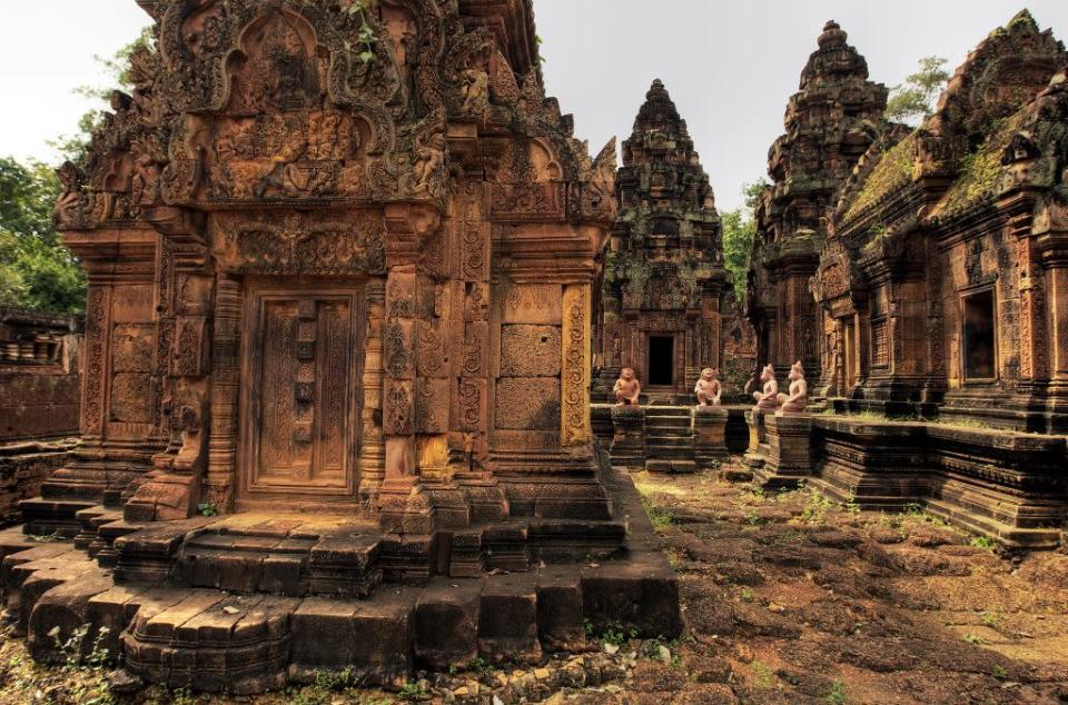 The finely carved ruins of Banteay Srei or Srey, a 10th century temple dedicated to Lord Shiva in the Angkor Archeological Park.