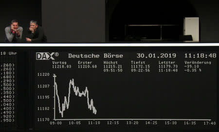 FILE PHOTO: The German share price index DAX graph is pictured at the stock exchange in Frankfurt, Germany, January 30, 2019. REUTERS/Staff/File Photo