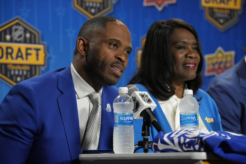 FILE - Tennessee State athletic director Mikki Allen, left, and President Glenda Glover speak during a news conference June 28, 2023, in Nashville, Tenn. The school announced plans to become the first historically Black college and university to introduce ice hockey. Tennessee State hired Duanté Abercrombie as the team's coach, school officials announced Thursday, April 18, 2024. (AP Photo/George Walker IV, File)