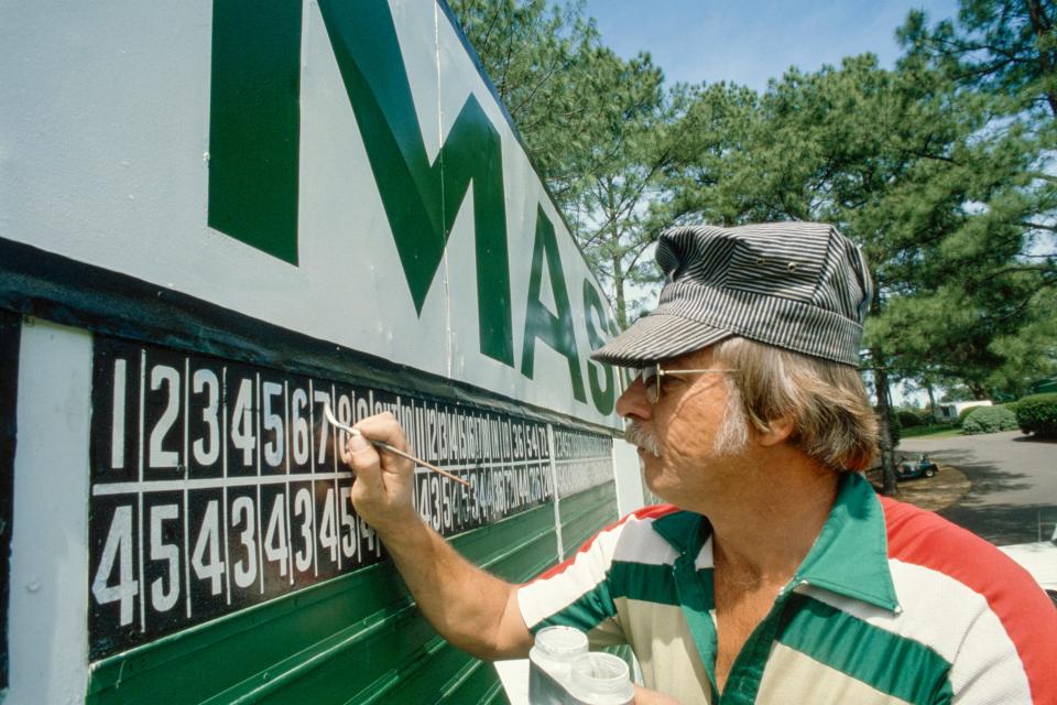 A worker touches up the 1981 Masters scoreboard at the Augusta National Golf Club.