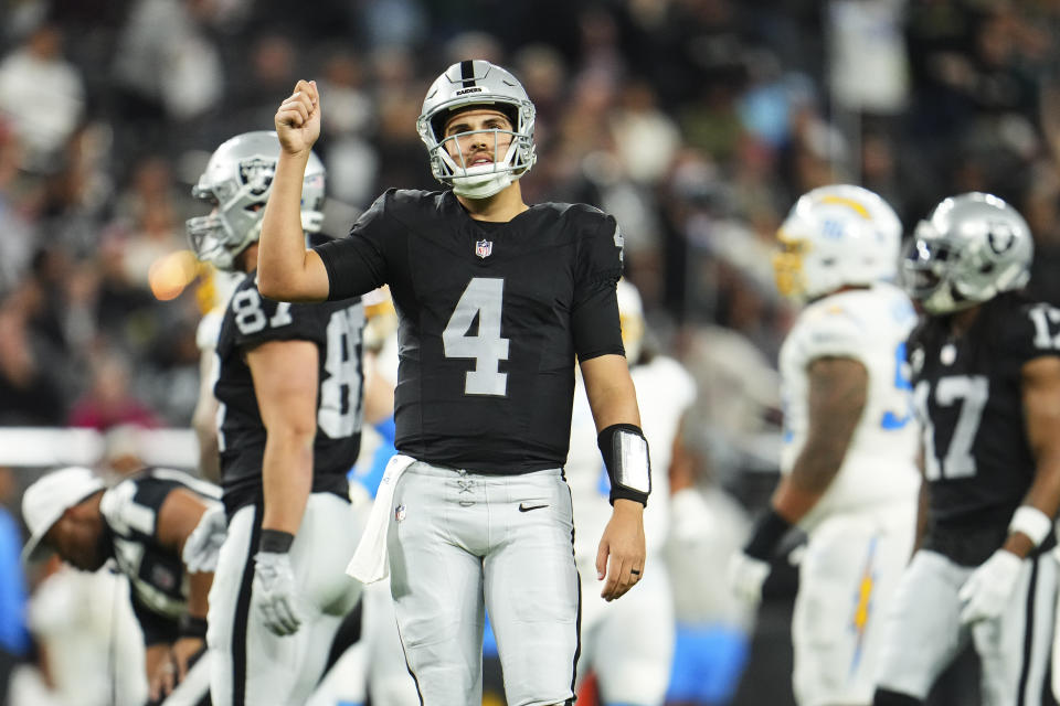 Raiders quarterback Aidan O'Connell had the best game of his rookie season against the Chargers. (Photo by Cooper Neill/Getty Images)