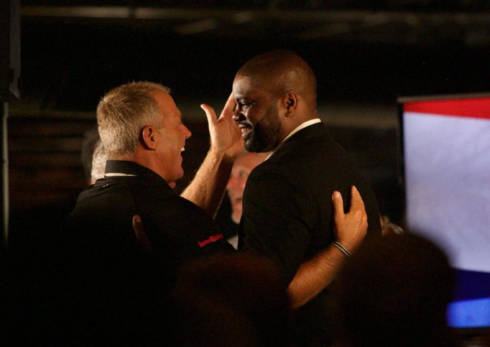 Byron Donalds is congratulated by Alfie Oakes after winning his republican primary on Tuesday night, Aug. 23, 2022, in Naples.