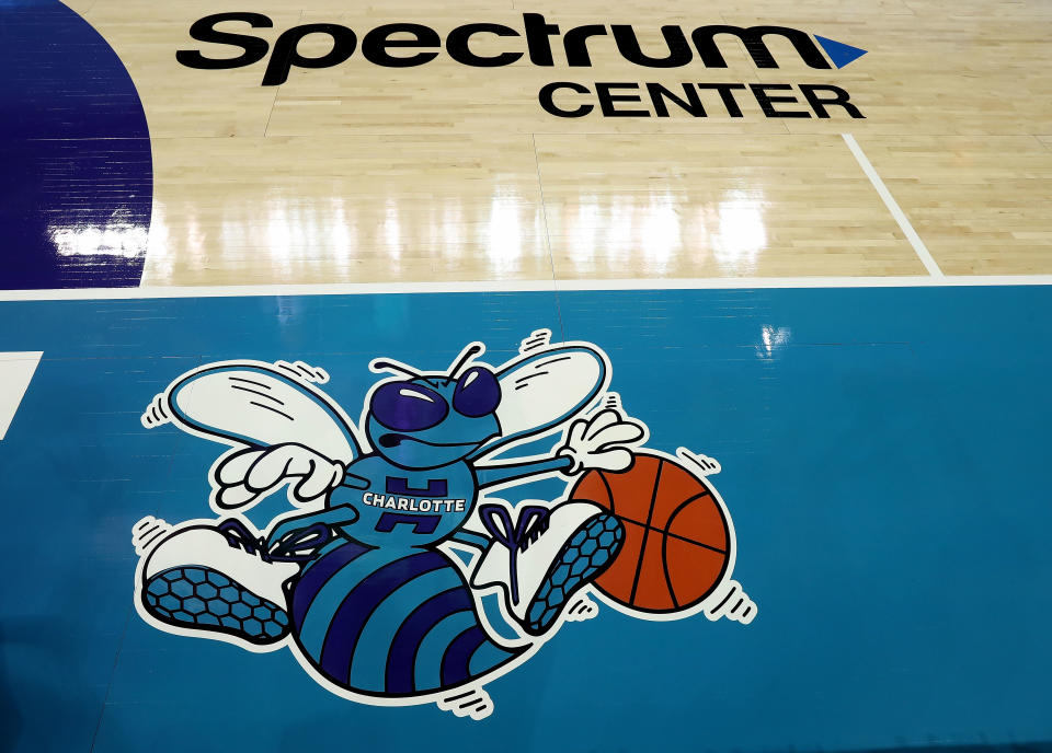 CHARLOTTE, NC - OCTOBER 17:  A detailed view of the original logo of the Charlotte Hornets on display on the court ahead of opening night against the Milwaukee Bucks at Spectrum Center on October 17, 2018 in Charlotte, North Carolina. NOTE TO USER: User expressly acknowledges and agrees that, by downloading and or using this photograph, User is consenting to the terms and conditions of the Getty Images License Agreement.  (Photo by Streeter Lecka/Getty Images)