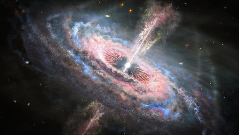 This is an artist’s concept of a galaxy with a brilliant quasar at its center. A quasar is a very bright, distant and active supermassive black hole that is millions to billions of times the mass of the sun. A new study suggests time moved more slowly when the universe was younger.