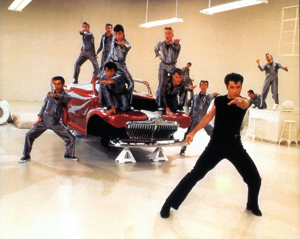 Michael Tucci, Barry Pearl, Jeff Conaway, John Travolta and others dance in a scene from the film 'Grease', 1978. (Photo by Paramount/Getty Images)