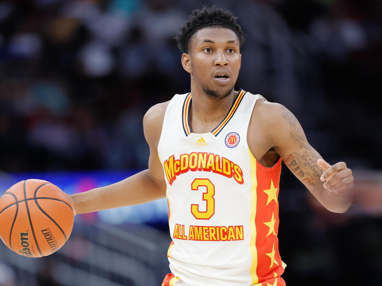 Justin Edwards competes in the 2023 McDonalds All-American Game on March 28, 2023, in Houston. (Photo by Michael Hickey/Getty Images)