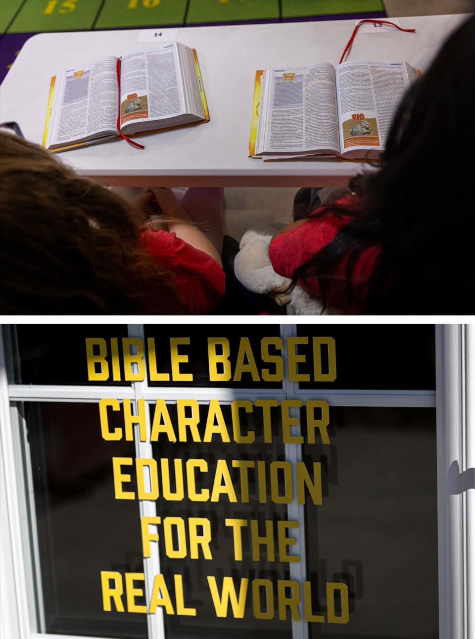 Kids bible; Door with message (Maddie McGarvey for NBC News)