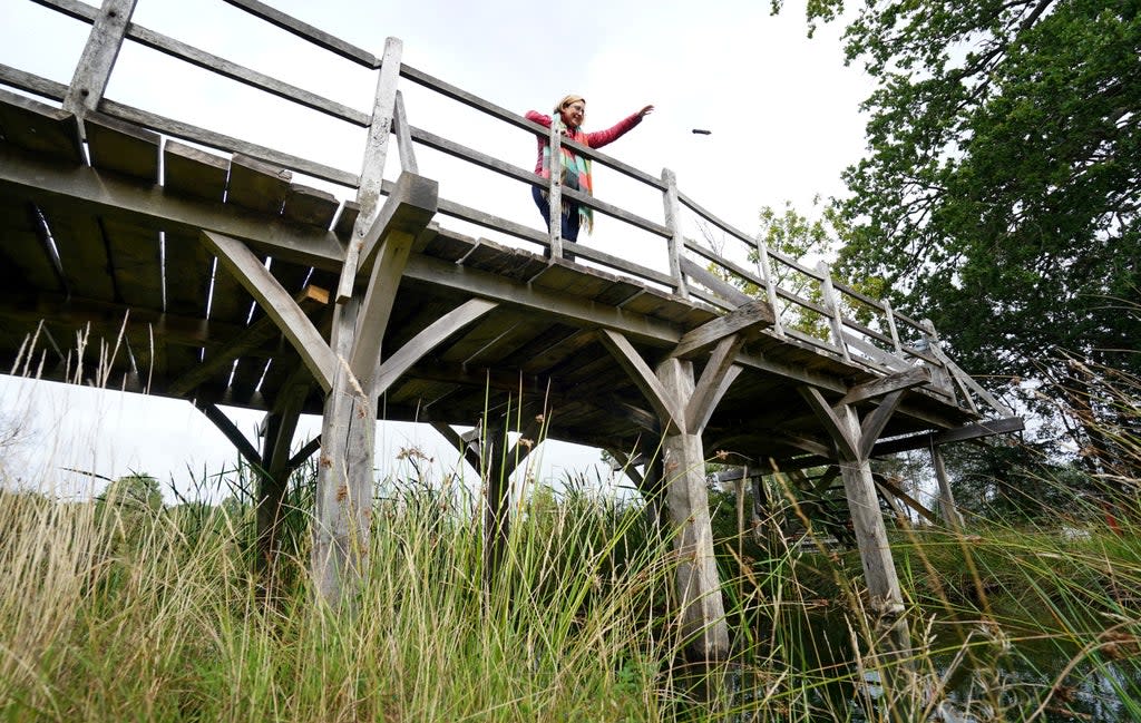 Silke Lohmann of Summers Place Auctions stands on the original Poohsticks Bridge from Ashdown Forest (Gareth Fuller/PA) (PA Wire)