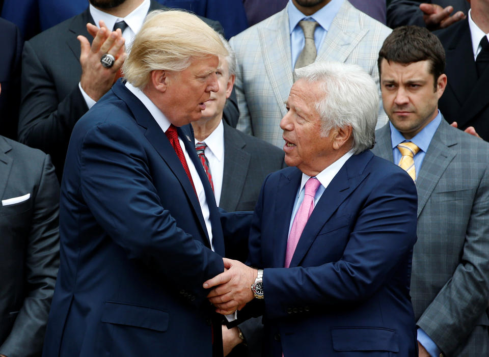 President Trump shakes hands with New England Patriots owner Robert Kraft during an event honoring the Super Bowl champion New England Patriots at the White House in 2017. (Photo: Joshua Roberts/Reuters)