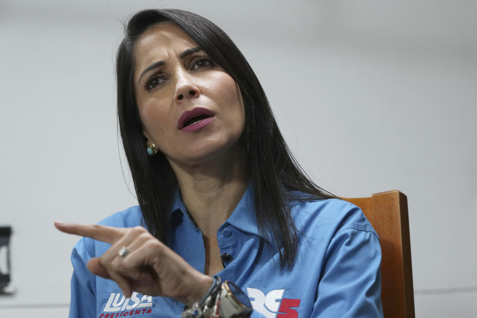 Luisa Gonzalez, presidential candidate with the Citizen´s Revolution Movement speaks during an interview with Associated Press, ahead of this Sunday's special election in Quito, Ecuador, Monday, Aug. 14, 2023. (AP Photo/Dolores Ochoa)