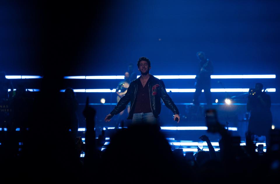 Nick Jonas performs with the Jonas Brothers at Bridgestone Arena in Nashville, Tenn., Monday, Oct. 9, 2023.
