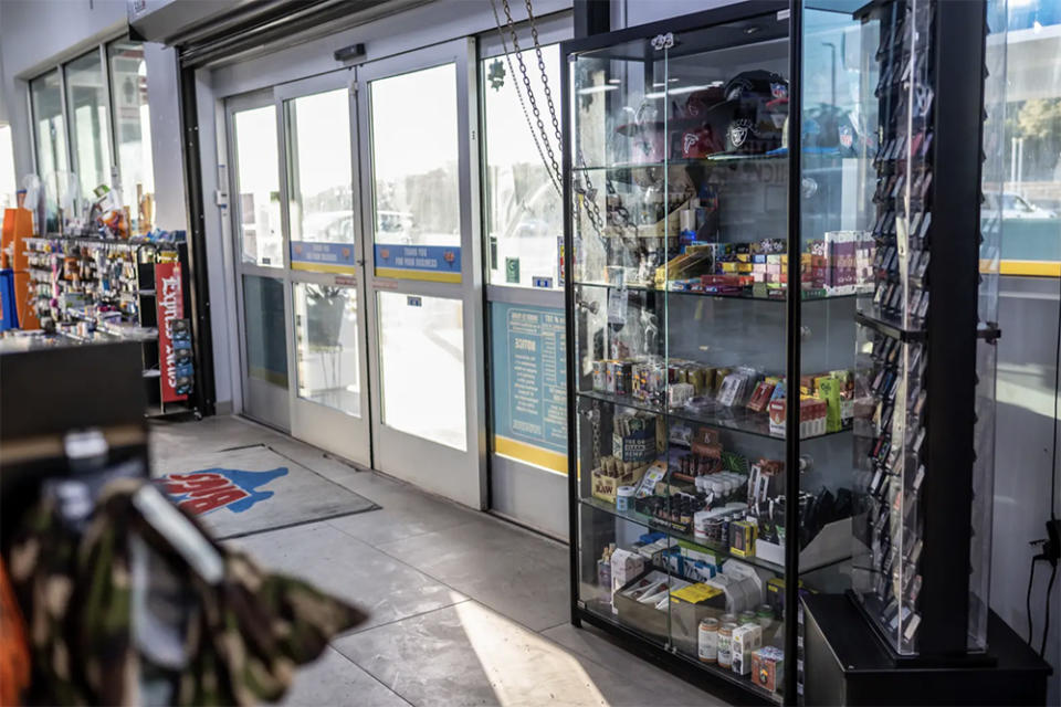 Delta-8 THC products are available for purchase at a Valero gas station on Feb. 9 in Spring Branch. The products are legal to purchase in Texas by adults ages 21 and up. (Sergio Flores/The Texas Tribune)