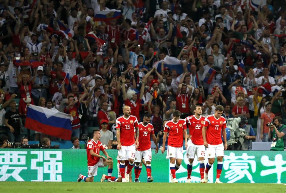 Denis Cheryshev celebrates at the 2018 Fifa World Cup, Russia’s last appearance at a major tournament (Getty Images)