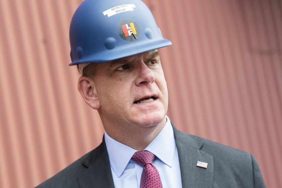 UNITED STATES - JUNE 2: Secretary of Labor Marty Walsh, tours Lehigh Heavy Forge while visiting area businesses with Rep. Susan Wild, D-Pa., to discuss the American Jobs Plan in Bethlehem, Pa., on Wednesday, June 2, 2021. (Photo By Tom Williams/CQ-Roll Call, Inc via Getty Images)