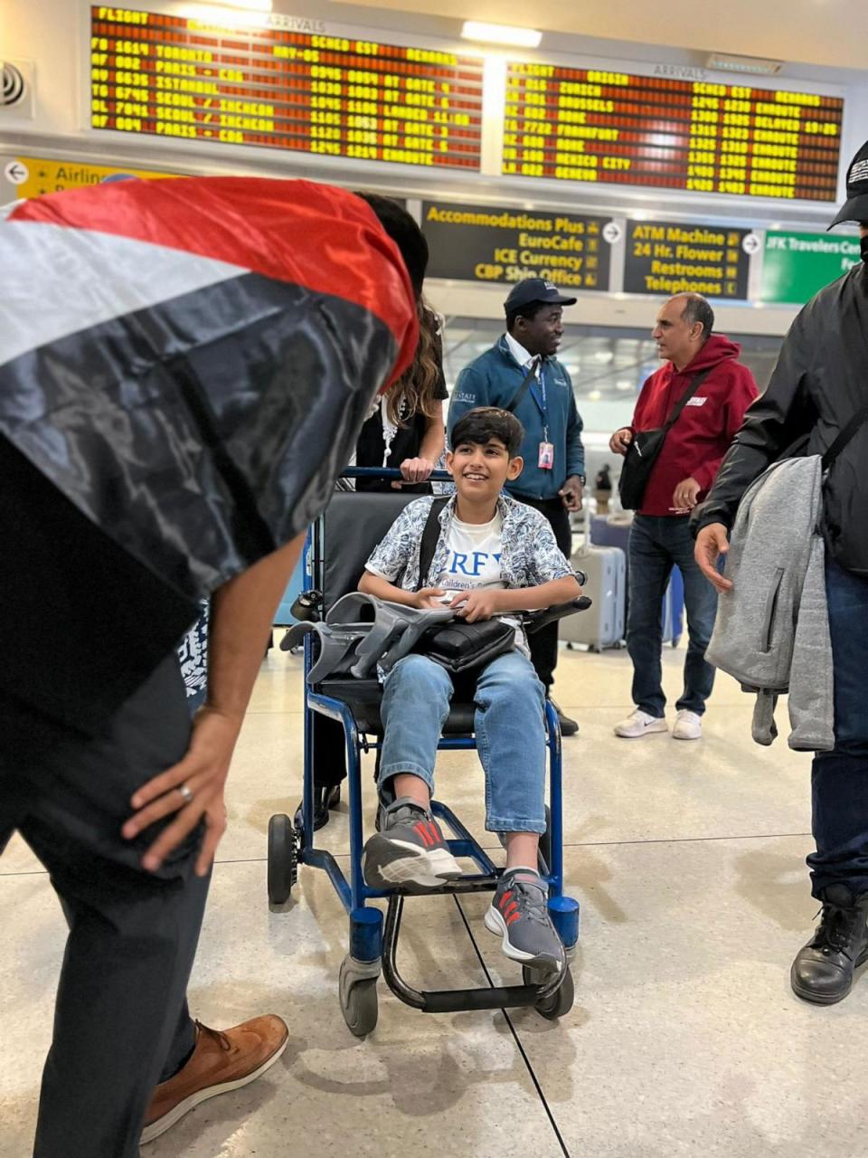 PHOTO: Rakan Aldardasawi, age 9, who was injured in Gaza, arrives at John F. Kennedy International Airport in New York on May 5, 2024.  (Palestine Children's Relief Fund)