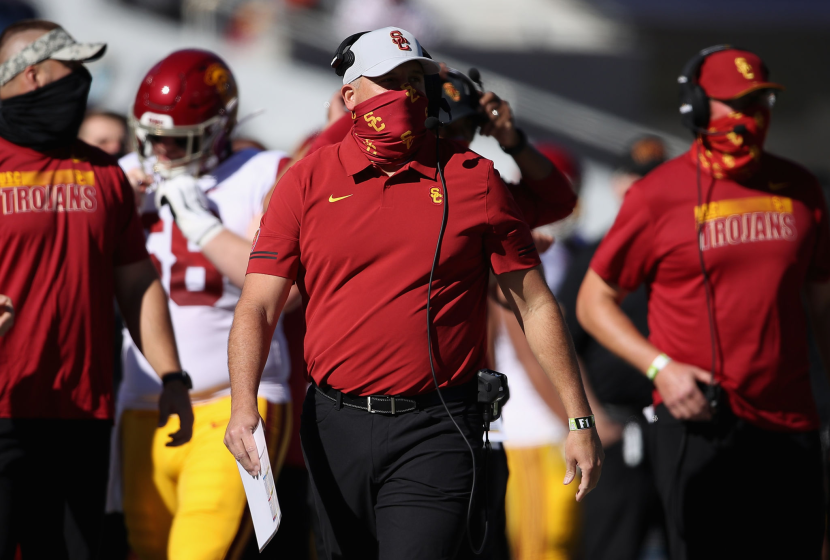 TUCSON, ARIZONA - NOVEMBER 14: Head coach Clay Helton watches from the sideline