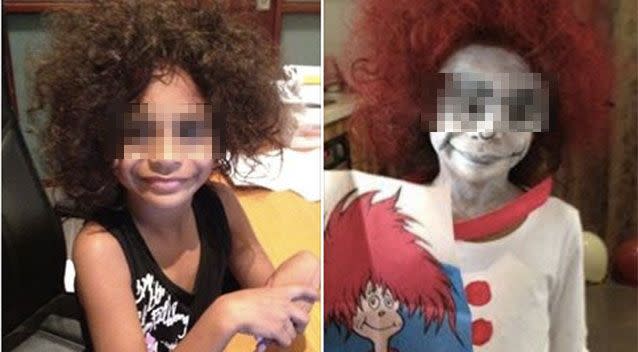 The little girl whose face was painted white to look like Cat in the Hat. Source: Facebook