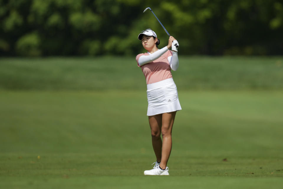 Rose Zhang plays a shot from the fairway on the fifth hole during the first round of the LPGA Tour Kroger Queen City Championship golf tournament in Cincinnati, Thursday, Sept. 7, 2023. (AP Photo/Aaron Doster)