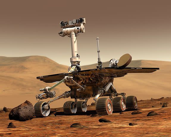 A proud NASA conception of the Opportunity rover on Mars.