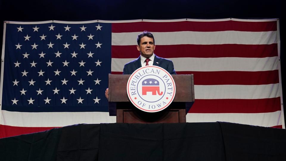 Republican presidential candidate businessman and pastor Ryan Binkley speaks at the Republican Party of Iowa's 2023 Lincoln Dinner in Des Moines, Iowa, Friday, July 28, 2023.