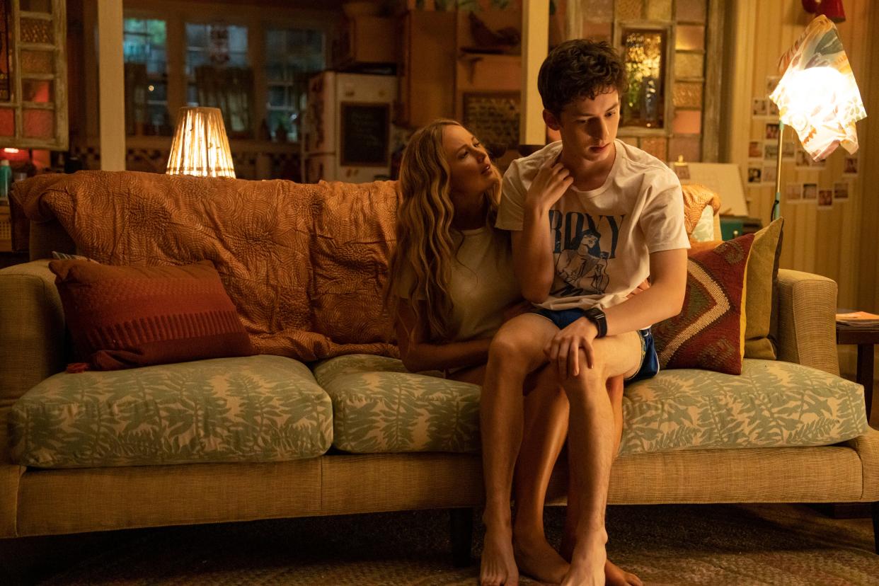 Maddie (Jennifer Lawrence, left) attempts to seduce Percy (Andrew Barth Feldman) in "No Hard Feelings."