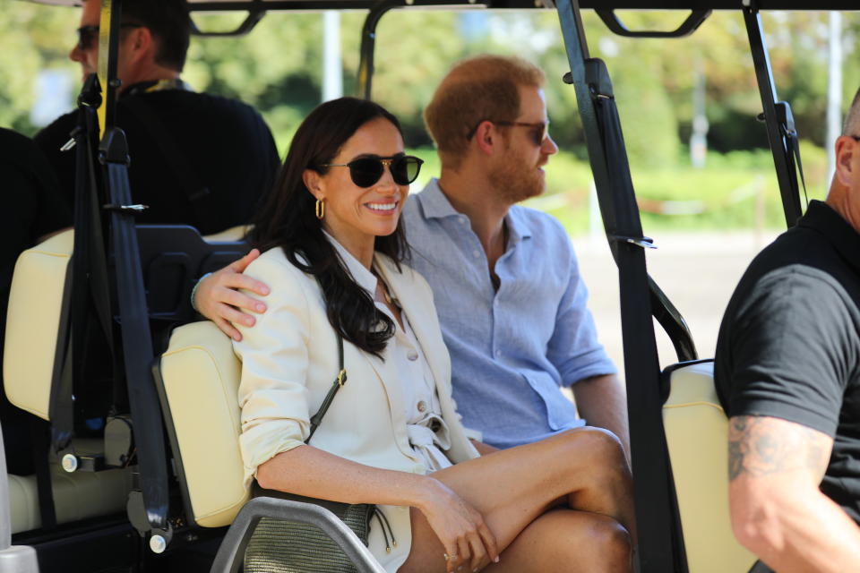 DUSSELDORF, GERMANY - SEPTEMBER 15: Prince Harry, Duke of Sussex and his wife Meghan Markle attend the 7th day of Invictus Games in Dusseldorf, Germany on September 15, 2023. The Invictus Games is an international sports competition for wounded, injured, and sick military personnel and veterans, founded by Prince Harry, designed to aid in their recovery and rehabilitation through sports. (Photo by Kadir Ilboga/Anadolu Agency via Getty Images)