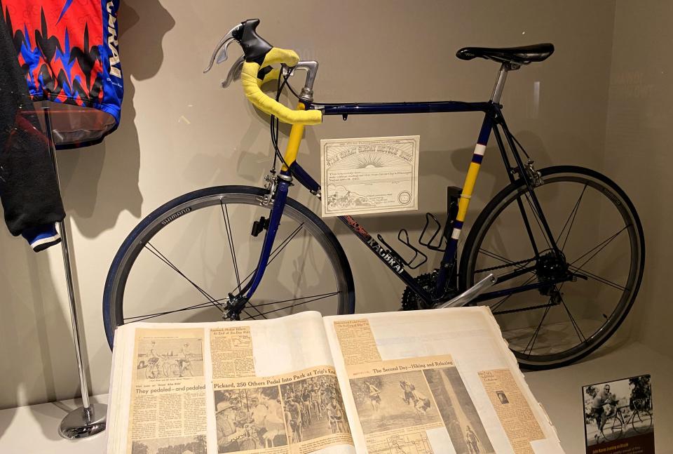 John Karras’ primary RAGBRAI bicycle shown on display in the Riding Through History exhibit at the State Historical Museum of Iowa.