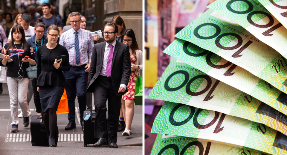 People crossing the road and Australian money