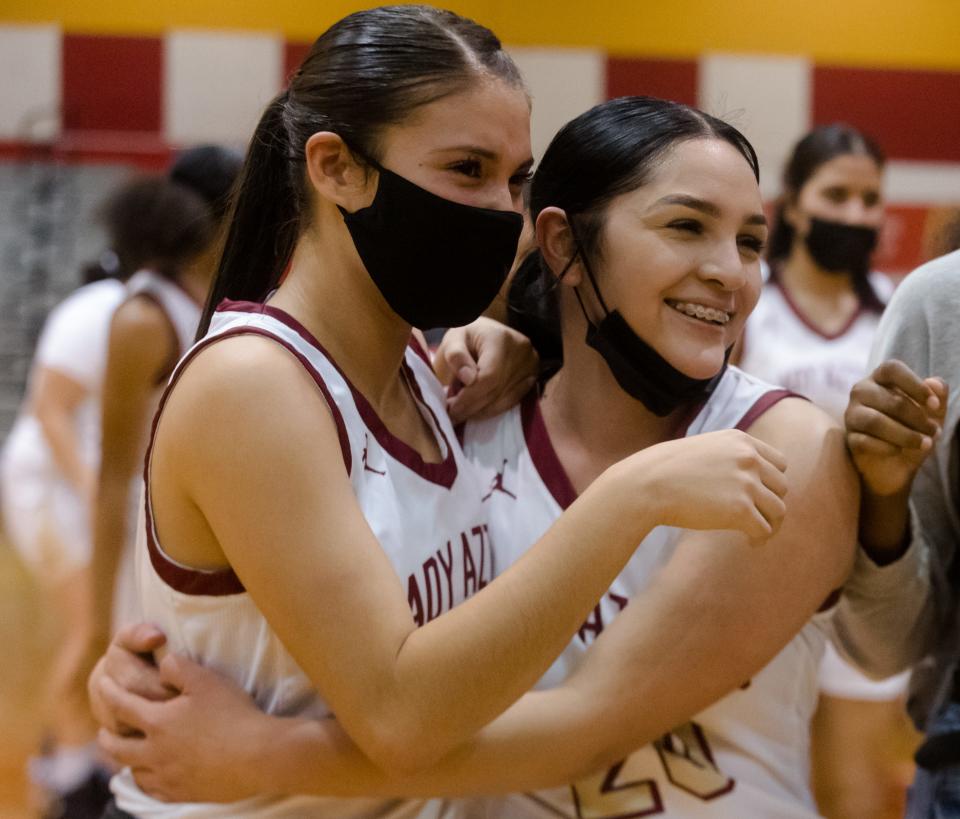 El Dorado girls basketball celebrates their 54-27 win against Canutillo High School Tuesday, Jan. 25, 2022, at El Dorado High School in El Paso, TX.