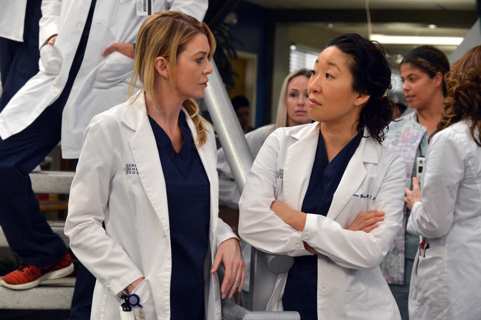 Ellen Pompeo as Meredith Grey and Sandra Oh as Cristina Yang<span class="copyright">Eric McCandless—Disney General Entertainment Content/Getty Images</span>