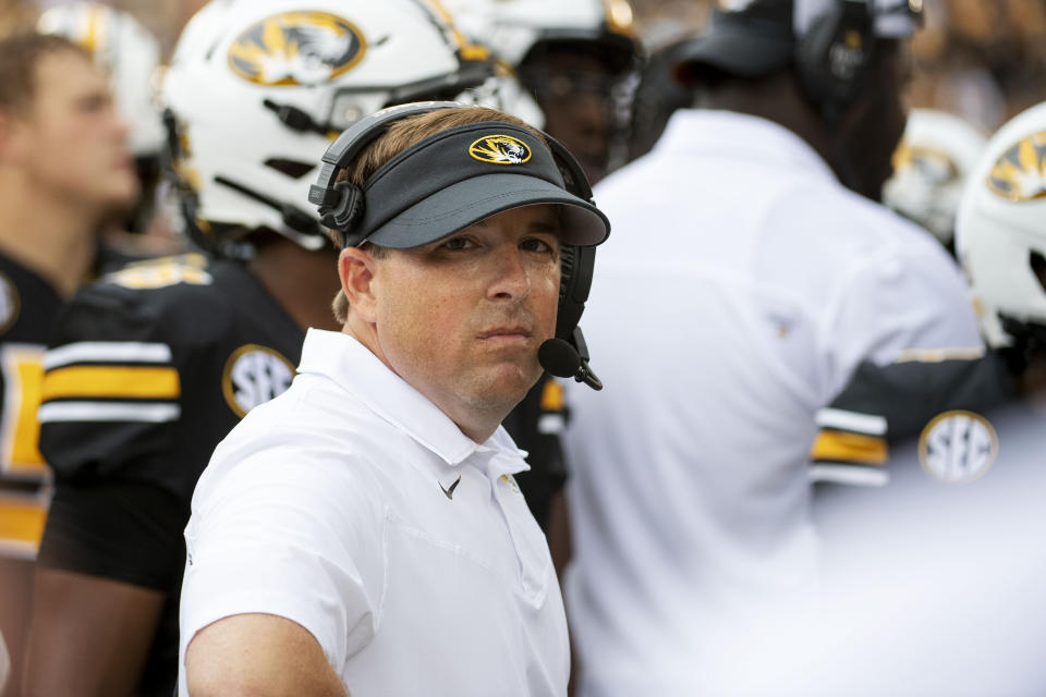 Missouri head coach Eliah Drinkwitz looks on during a timeout during the first half of an NCAA college football game against Central Michigan, Saturday, Sept. 4, 2021, in Columbia, Mo. (AP Photo/L.G. Patterson)