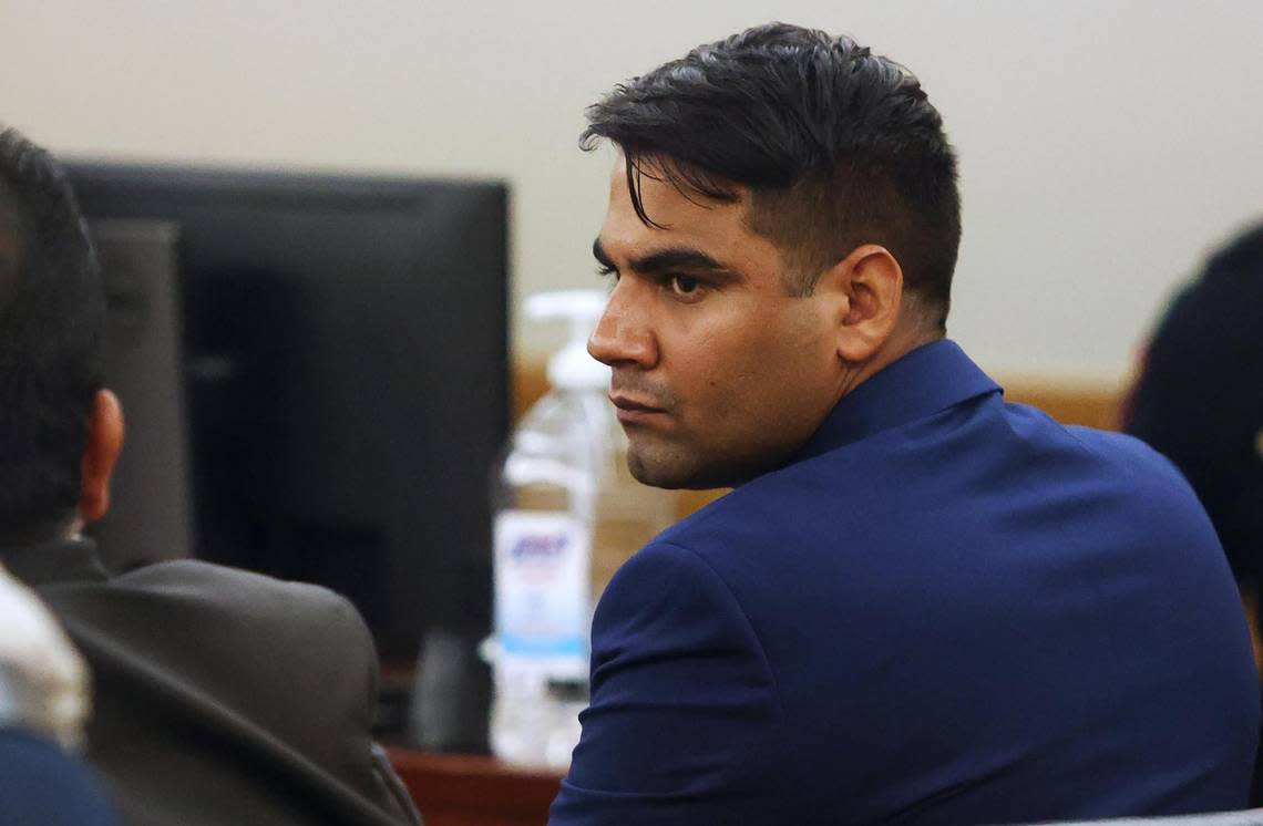 Former Arlington Police Department Officer Ravinder Singh listens as the state calls witnesses to testify on the first day of trial on Tuesday, Aug. 23, 2022. Singh is accused of criminally negligent homicide in the 2019 shooting death of Margarita Brooks. Jury deliberations began Friday afternoon.