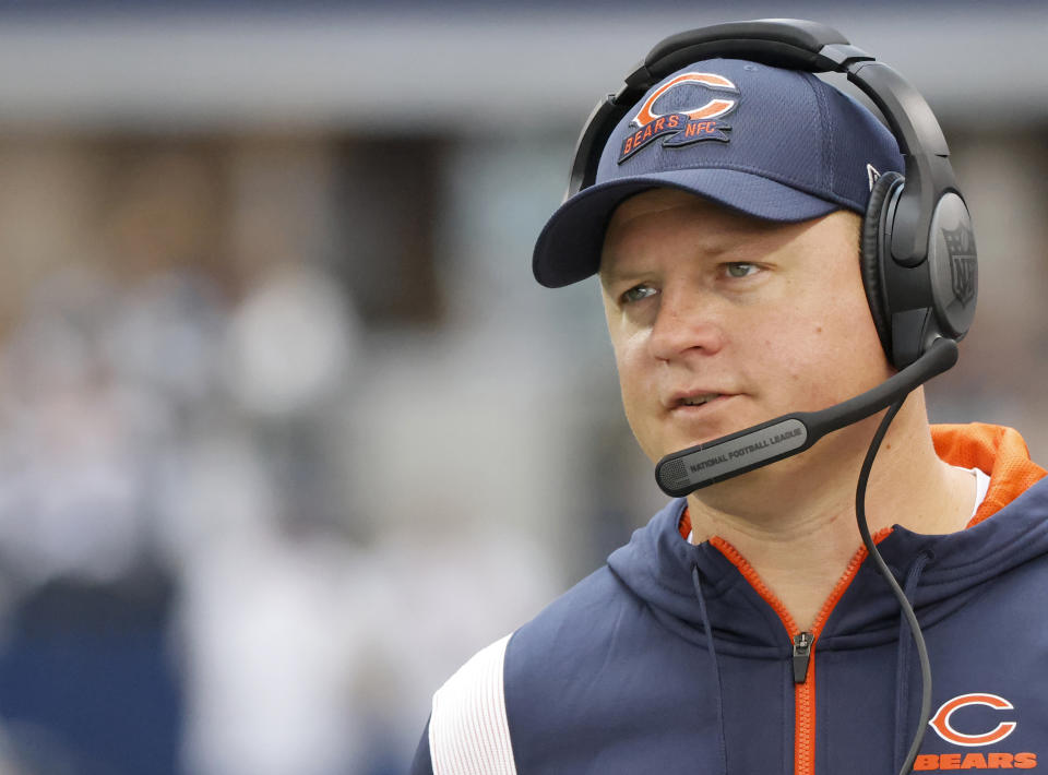 FILE - Chicago Bears offensive coordinator Luke Getsy on the sideline during an NFL Football game in Arlington, Texas, Saturday, Oct. 30, 2022. Chicago Bears offensive coordinator Luke Getsy and Las Vegas Raiders defensive coordinator Patrick Graham will serve as Senior Bowl head coaches. The Senior Bowl said Wednesday, Jan. 18, 2023, that Getsy will coach the American team and Graham the National team in the Feb. 4 showcase game for senior and graduate NFL prospects. (AP Photo/Michael Ainsworth, File)