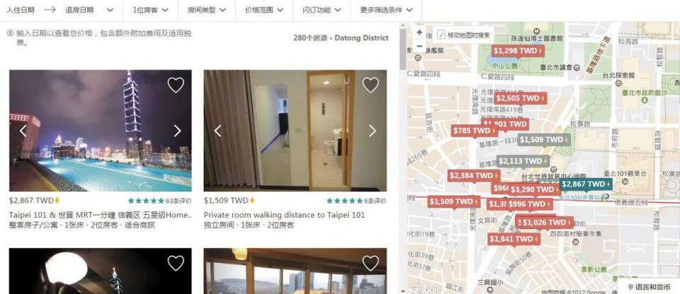 透過Airbnb國際訂房網站查詢，台北市政府周圍有280間日租套房房源。（翻攝Airbnb）