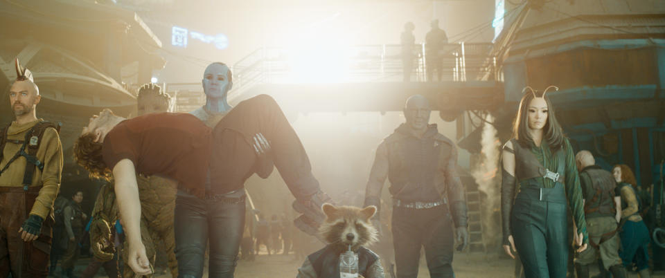 (L-R): Sean Gunn as Kraglin, Groot (voiced by Vin Diesel), Chris Pratt as Peter Quill/Star-Lord, Karen Gillan as Nebula, Rocket (voiced by Bradley Cooper), Dave Bautista as Drax, and Pom Klementieff as Mantis 