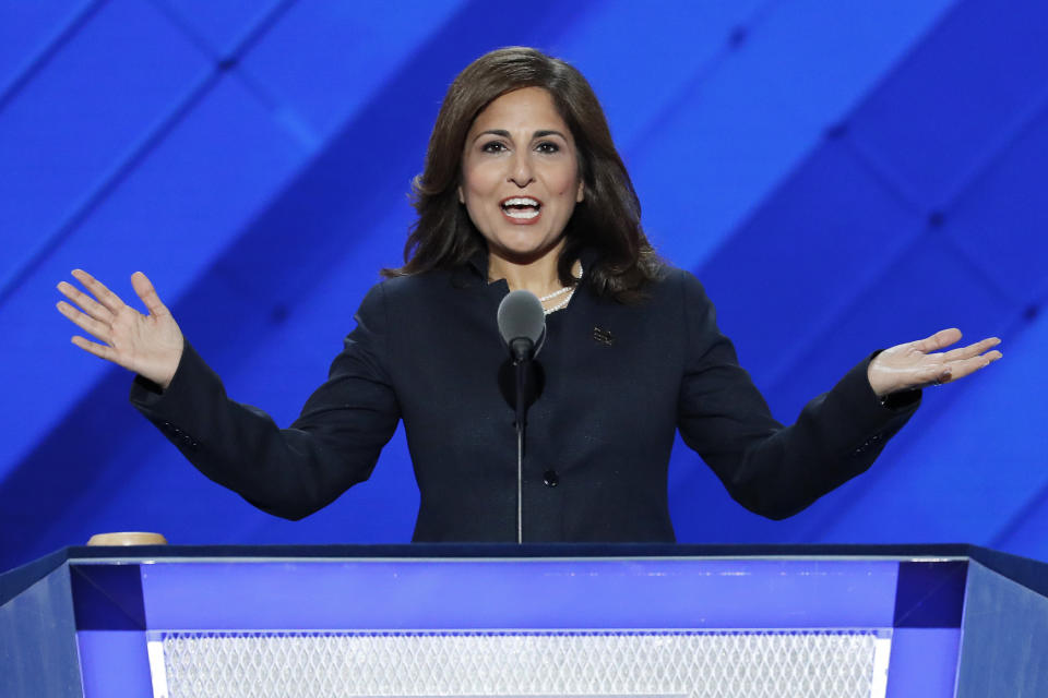 Neera Tanden, president of the Center for American Progress Action Fund, speaks during the third day of the Democratic National Convention in Philadelphia , Wednesday, July 27, 2016. (AP Photo/J. Scott Applewhite)