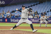 New York Yankees relief pitcher Chad Green throws during the ninth inning of a baseball game against the Toronto Blue Jays in Toronto, Monday, May 2, 2022. (Christopher Katsarov/The Canadian Press via AP)